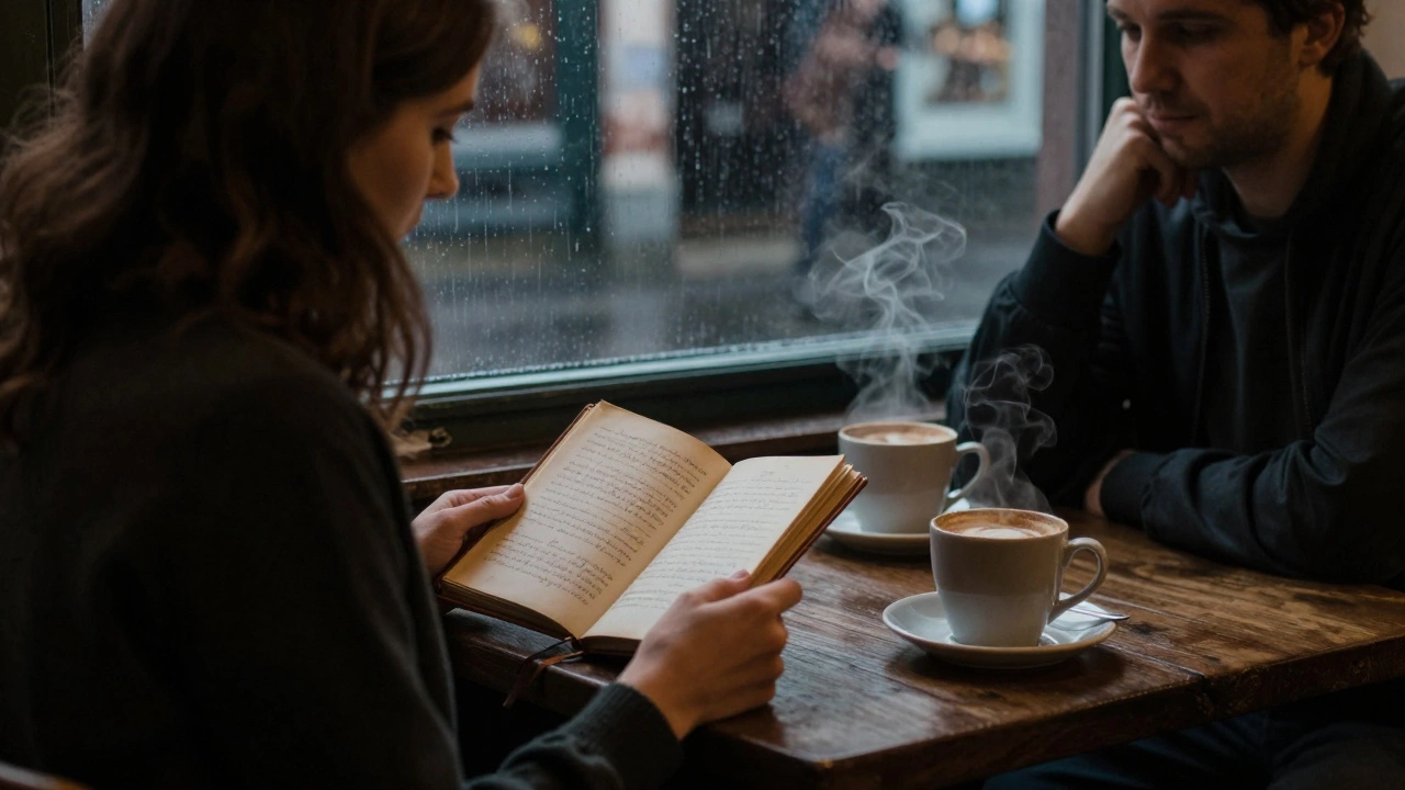 A woman and client share a quiet moment in a Lille bookstore café, rain streaking the window behind them.